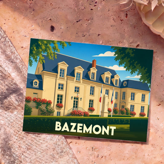Carte postale souvenir de la ville de Bazemont avec une illustration stylisée d'une grande demeure et de drapeaux français.