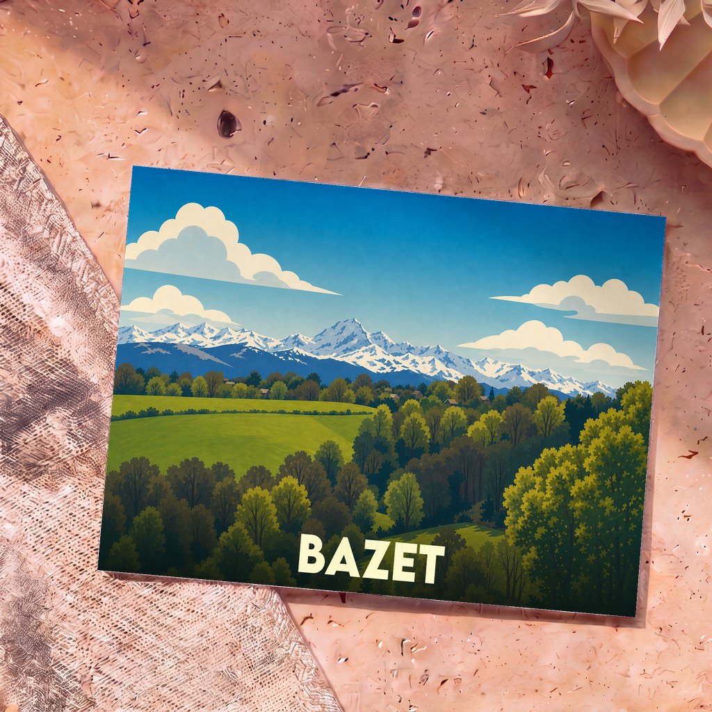 Carte postale souvenir de la ville de Bazet avec une illustration stylisée de montagnes enneigées et de forêts.