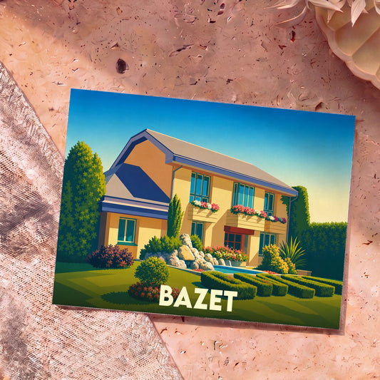 Carte postale souvenir de la ville de Bazet illustrant une maison colorée et son jardin fleuri dans un style graphique épuré.