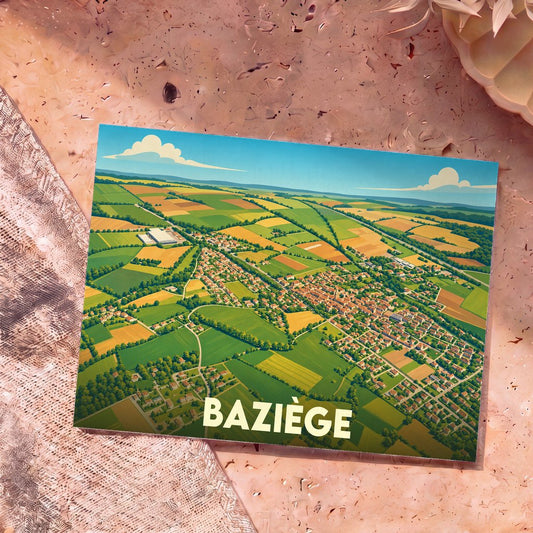 Carte postale souvenir de la ville de Baziège avec une illustration aérienne stylisée du village et de sa campagne environnante.