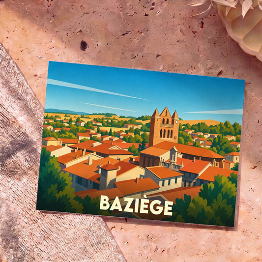Carte postale souvenir de la ville de Baziège avec une illustration stylisée.