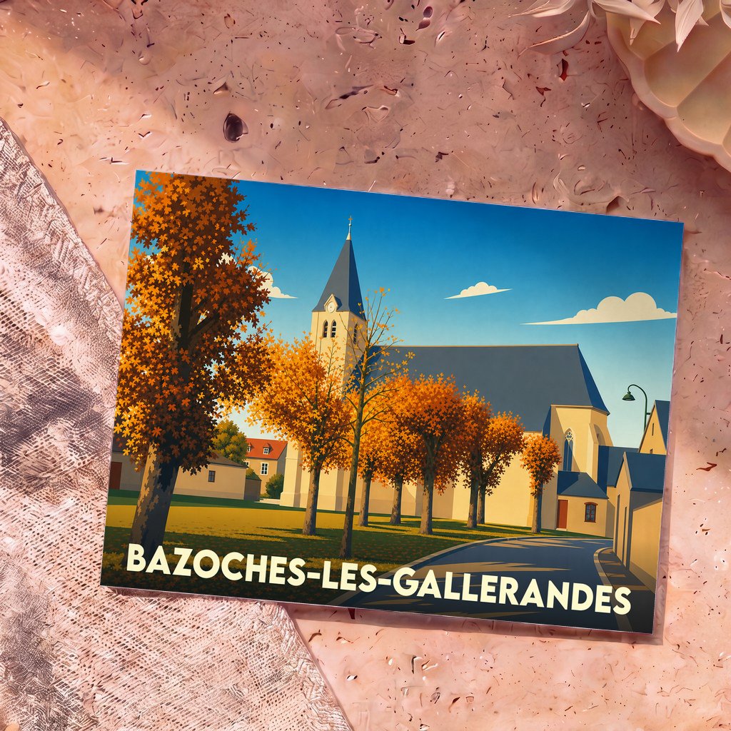 Carte postale souvenir de la ville de Bazoches-les-Gallerandes avec une illustration stylisée d'une église entourée d'arbres en automne.