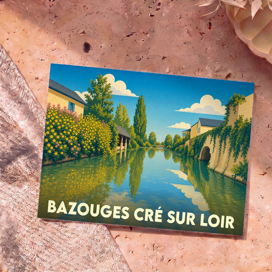 Carte postale souvenir de la ville de Bazouges Cré sur Loir illustrant un paysage de rivière paisible dans un style graphique épuré.