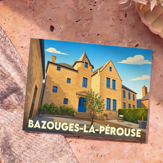 Carte postale souvenir de la ville de Bazouges-la-Pérouse avec une illustration stylisée d'un manoir en pierre.