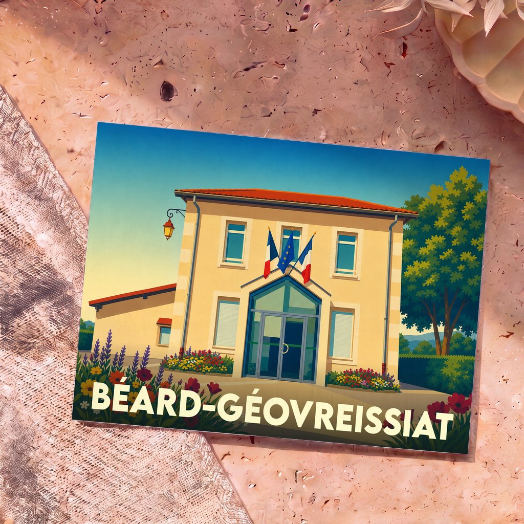 Carte postale souvenir de la commune de Béard-Géovreissiat avec une illustration stylisée de la mairie.