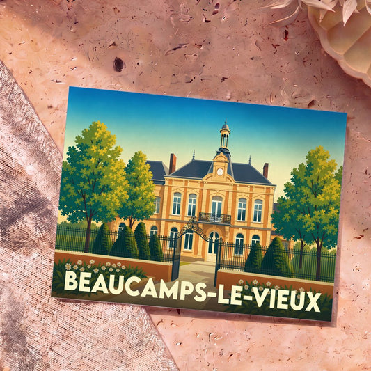 Carte postale souvenir de la ville de Beaucamps-le-Vieux avec une illustration stylisée de son architecture.