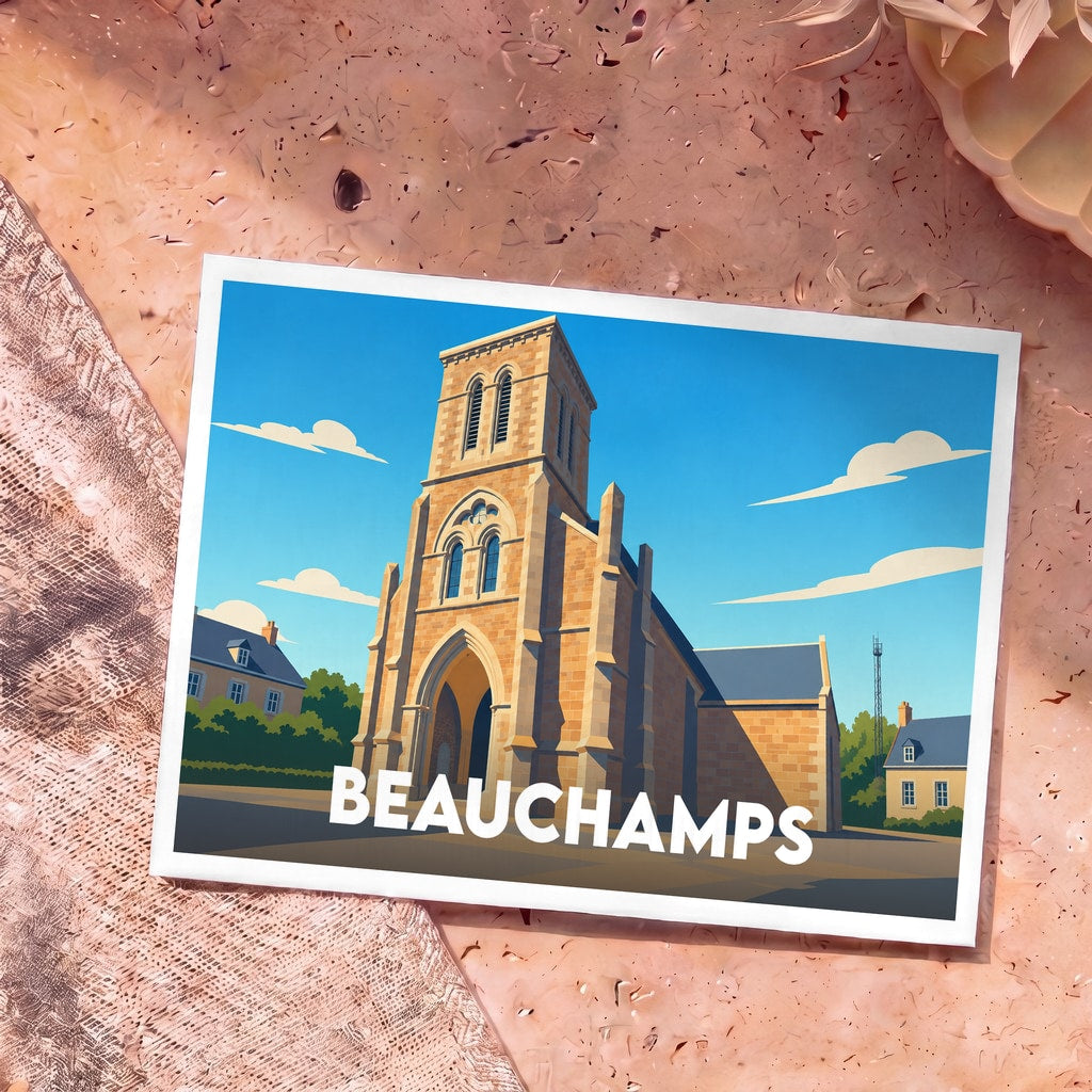 Carte postale souvenir de la ville de Beauchamps avec une illustration stylisée de son église.