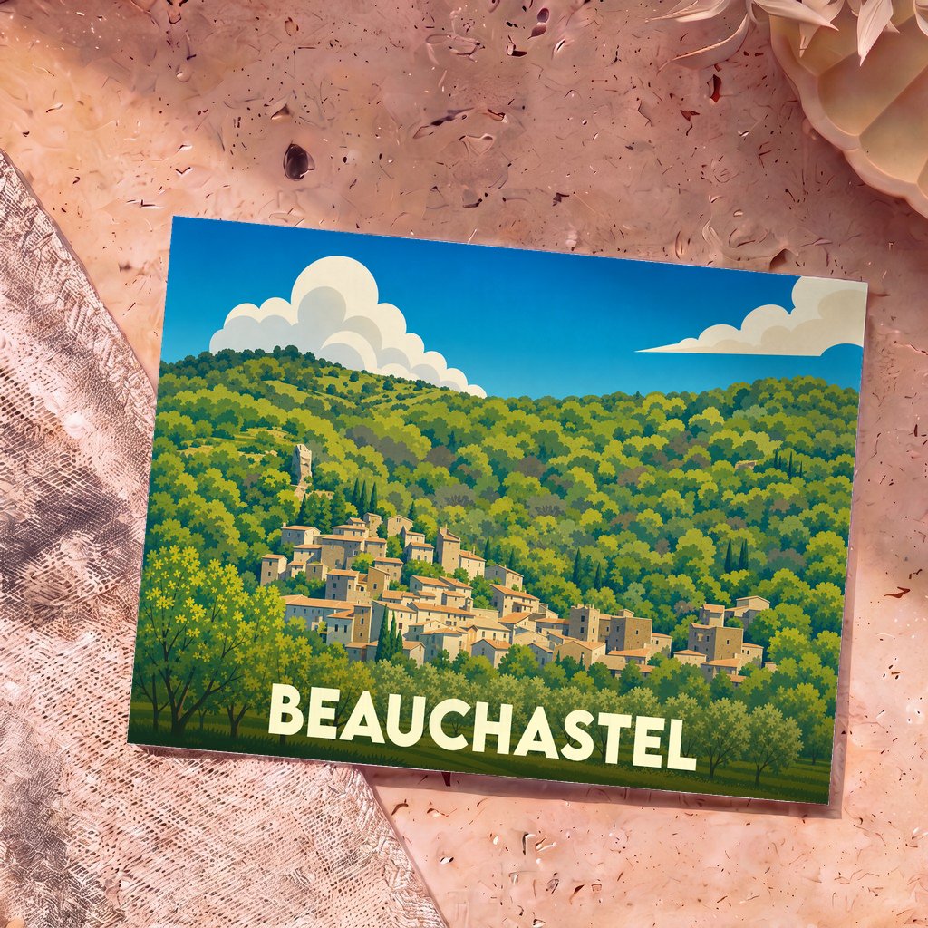 Carte postale souvenir de la ville de Beauchastel présentant une illustration stylisée d'un village perché dans une forêt verdoyante.