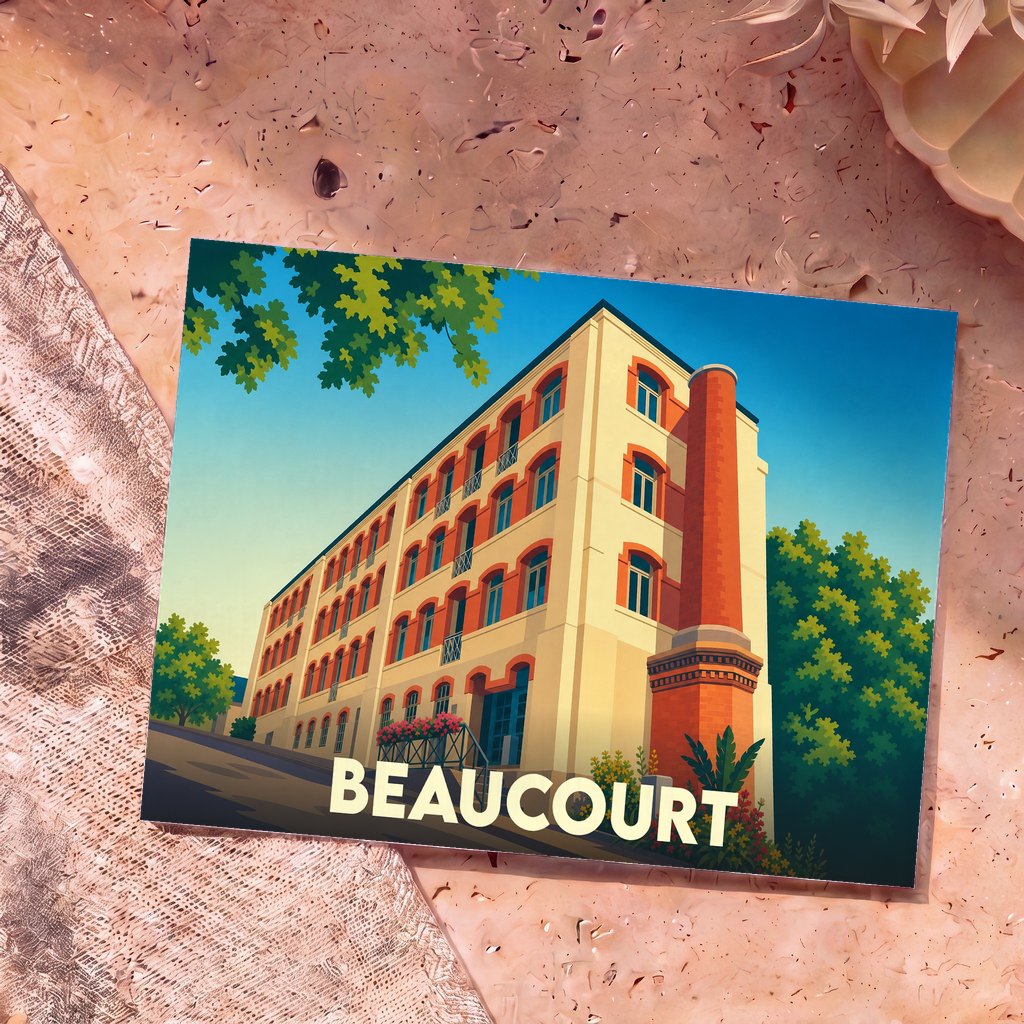 Carte postale souvenir de la ville de Beaucourt illustrant un bâtiment historique de style industriel avec une haute cheminée en briques.