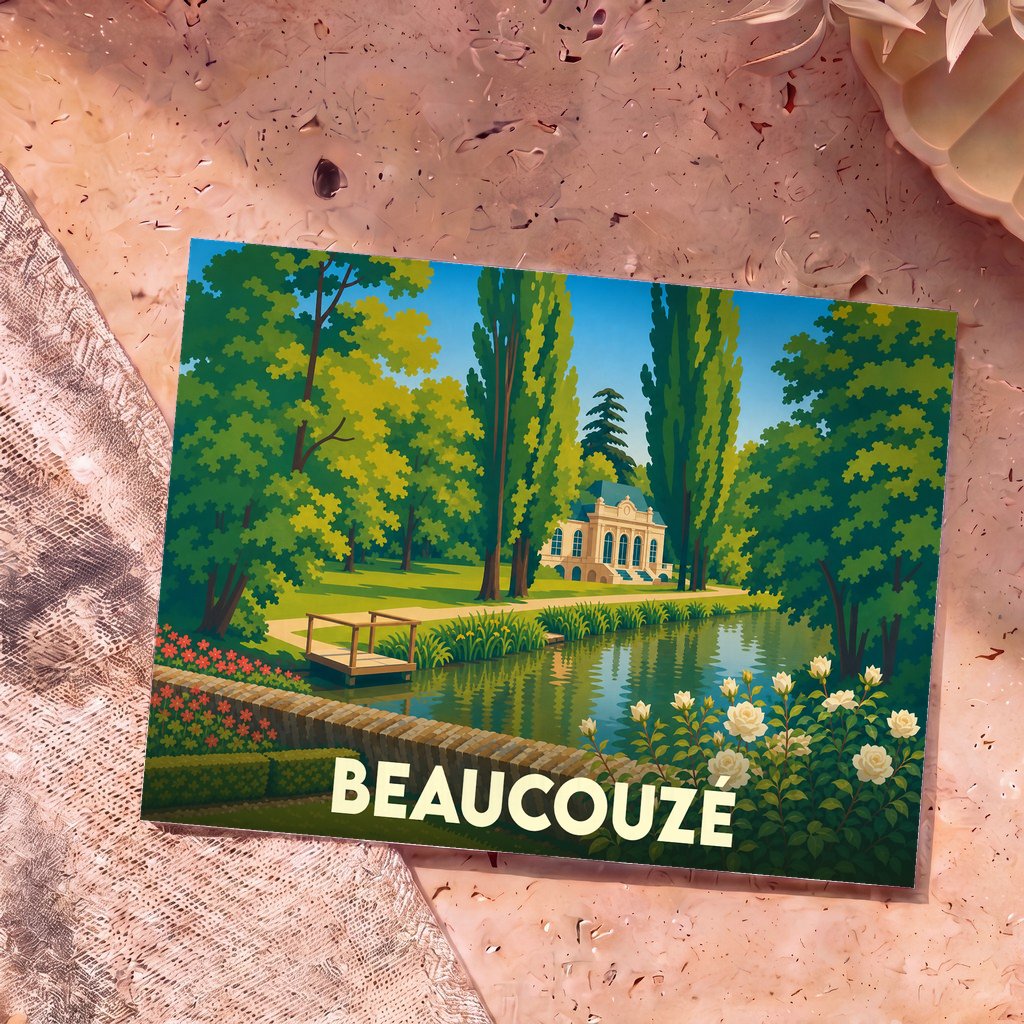 Carte postale souvenir de la ville de Beaucouzé avec une illustration stylisée d'un parc arboré au bord de l'eau.