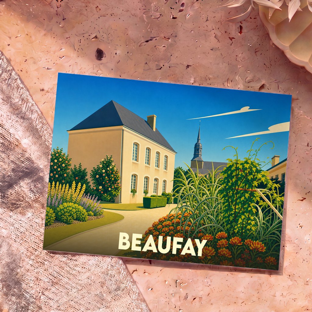 Carte postale souvenir de la ville de Beaufay avec une illustration stylisée de son architecture et de ses jardins.