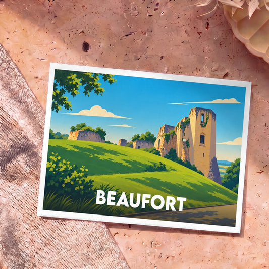Carte postale souvenir de la ville de Beaufort avec une illustration stylisée des ruines de son château médiéval.