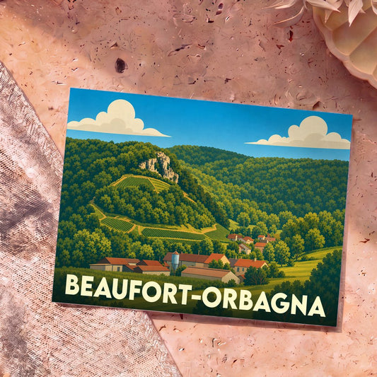 Carte postale souvenir de la ville de Beaufort-Orbagna illustrée d'un paysage de collines verdoyantes et de vignobles.