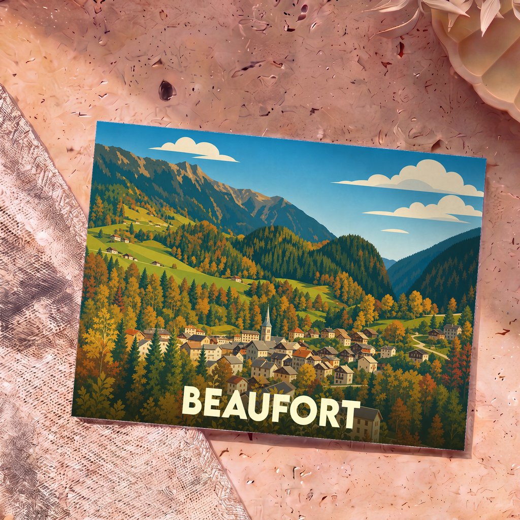 Carte postale souvenir de la ville de Beaufort avec une illustration stylisée d'un village de montagne en automne.