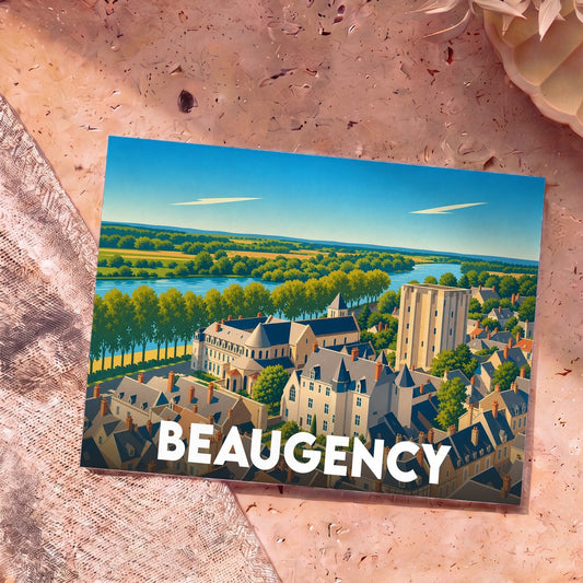 Carte postale souvenir de la ville de Beaugency illustrant son architecture historique au bord de la Loire.