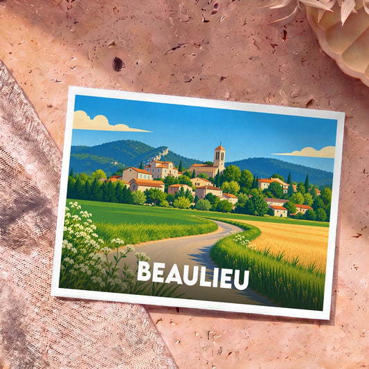 Carte postale souvenir de la ville de Beaulieu avec une illustration stylisée d'un village provençal niché au pied des montagnes.