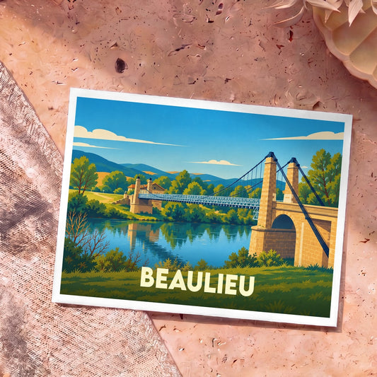 Carte postale souvenir de la ville de Beaulieu illustrant son pont suspendu au-dessus de la Loire.