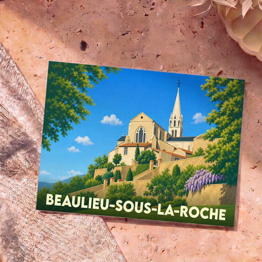 Carte postale souvenir de la ville de Beaulieu-sous-la-Roche avec une illustration stylisée de son église surplombant des jardins.