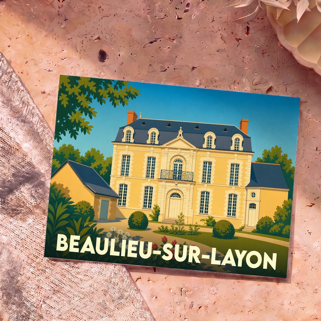 Carte postale souvenir de la ville de Beaulieu-sur-Layon avec une illustration stylisée d'un domaine viticole.