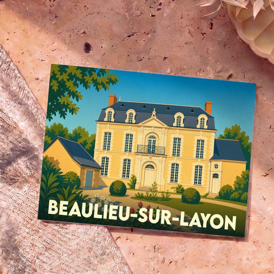 Carte postale souvenir de la ville de Beaulieu-sur-Layon avec une illustration stylisée d'un domaine viticole.