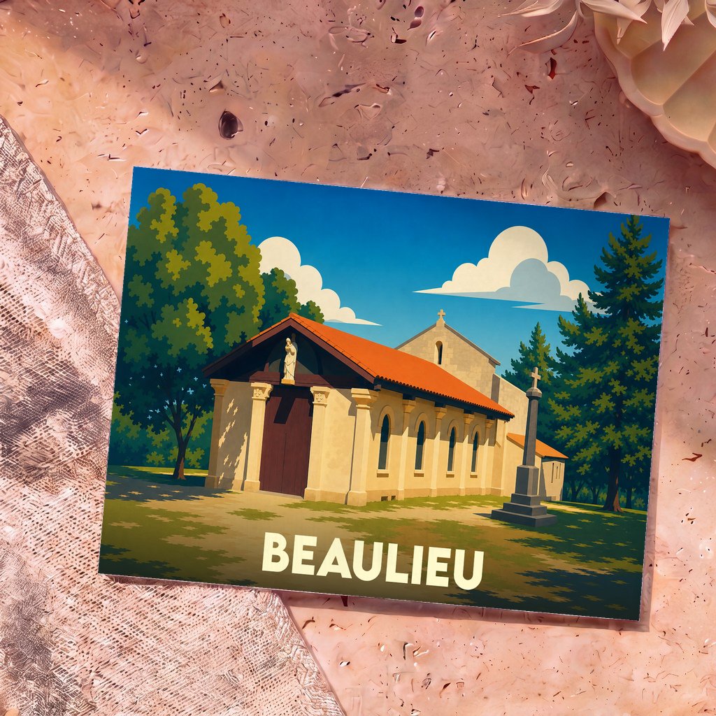 Carte postale souvenir de la ville de Beaulieu ornée d'une illustration stylisée de son église.