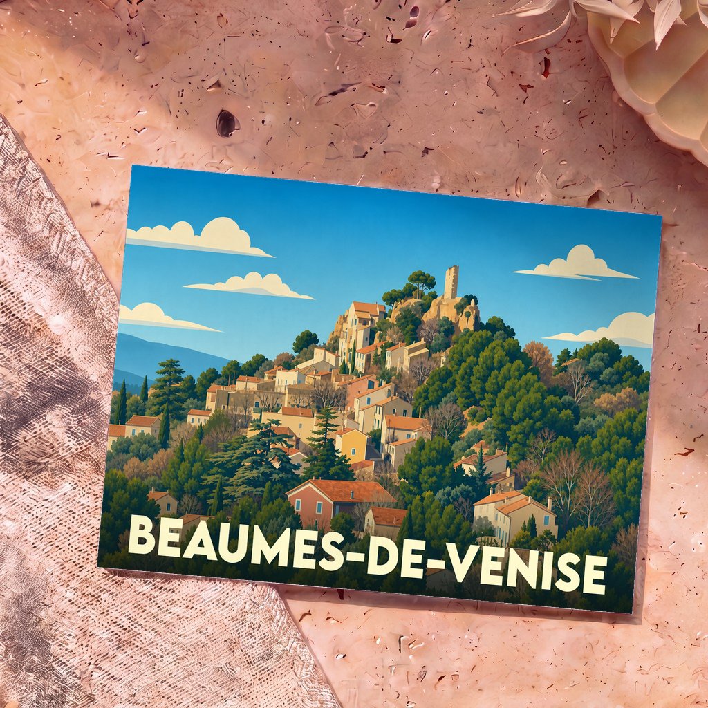 Carte postale souvenir de Beaumes-de-Venise illustrant le village perché dans un style vintage et coloré.