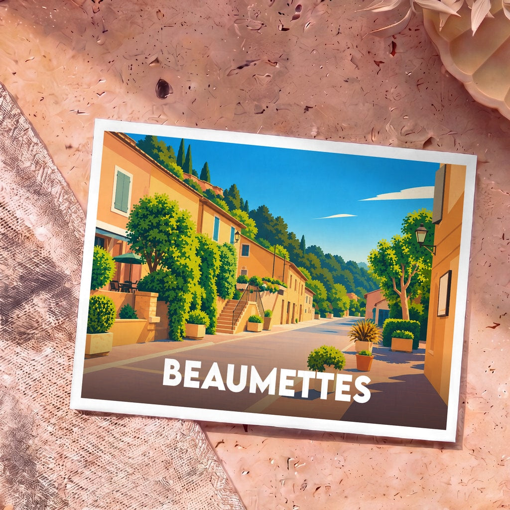 Carte postale souvenir de la ville de Beaumettes avec une illustration stylisée d'une rue ensoleillée.