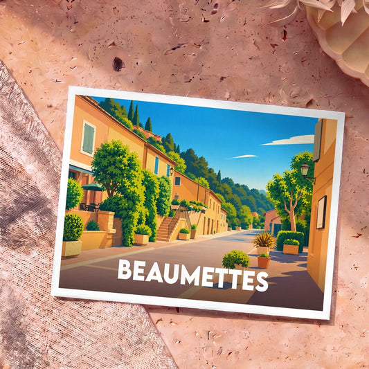 Carte postale souvenir de la ville de Beaumettes avec une illustration stylisée d'une rue ensoleillée.