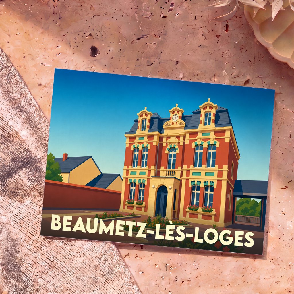 Carte postale souvenir de la ville de Beaumetz-lès-Loges avec une illustration stylisée de sa mairie.