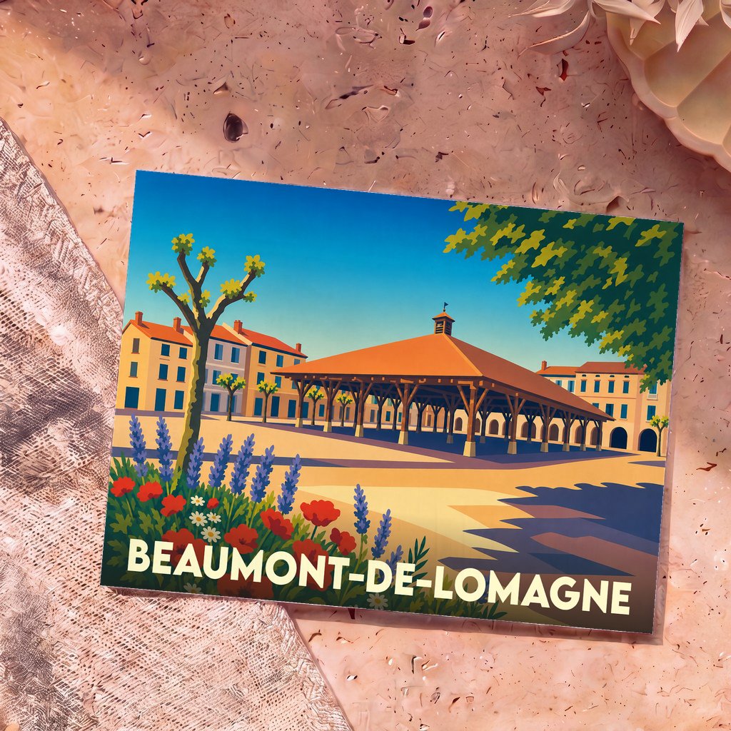 Carte postale souvenir de la ville de Beaumont-de-Lomagne avec une illustration stylisée de sa halle médiévale.