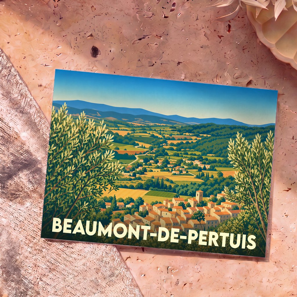 Carte postale souvenir de Beaumont-de-Pertuis avec une illustration stylisée d'un village provençal niché dans une vallée.