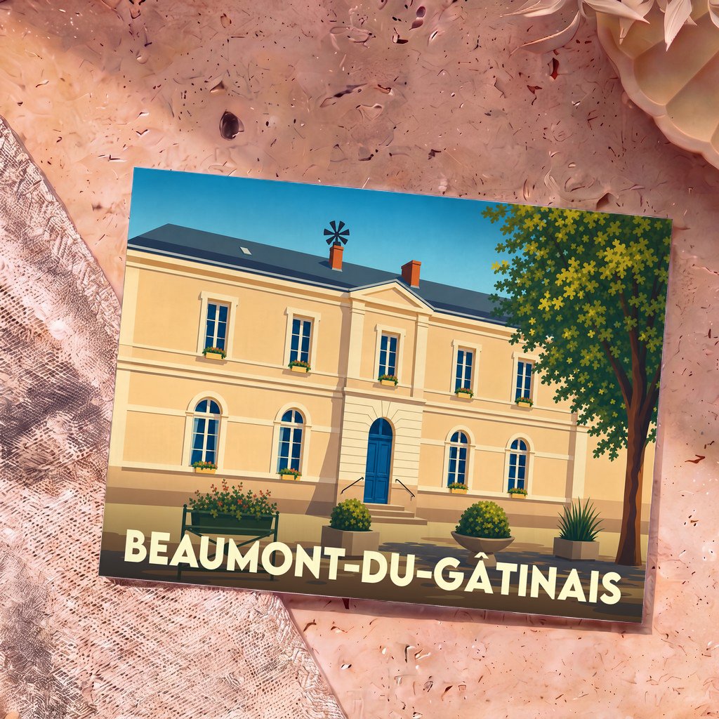 Carte postale souvenir de la ville de Beaumont-du-Gâtinais avec une illustration stylisée de sa mairie.