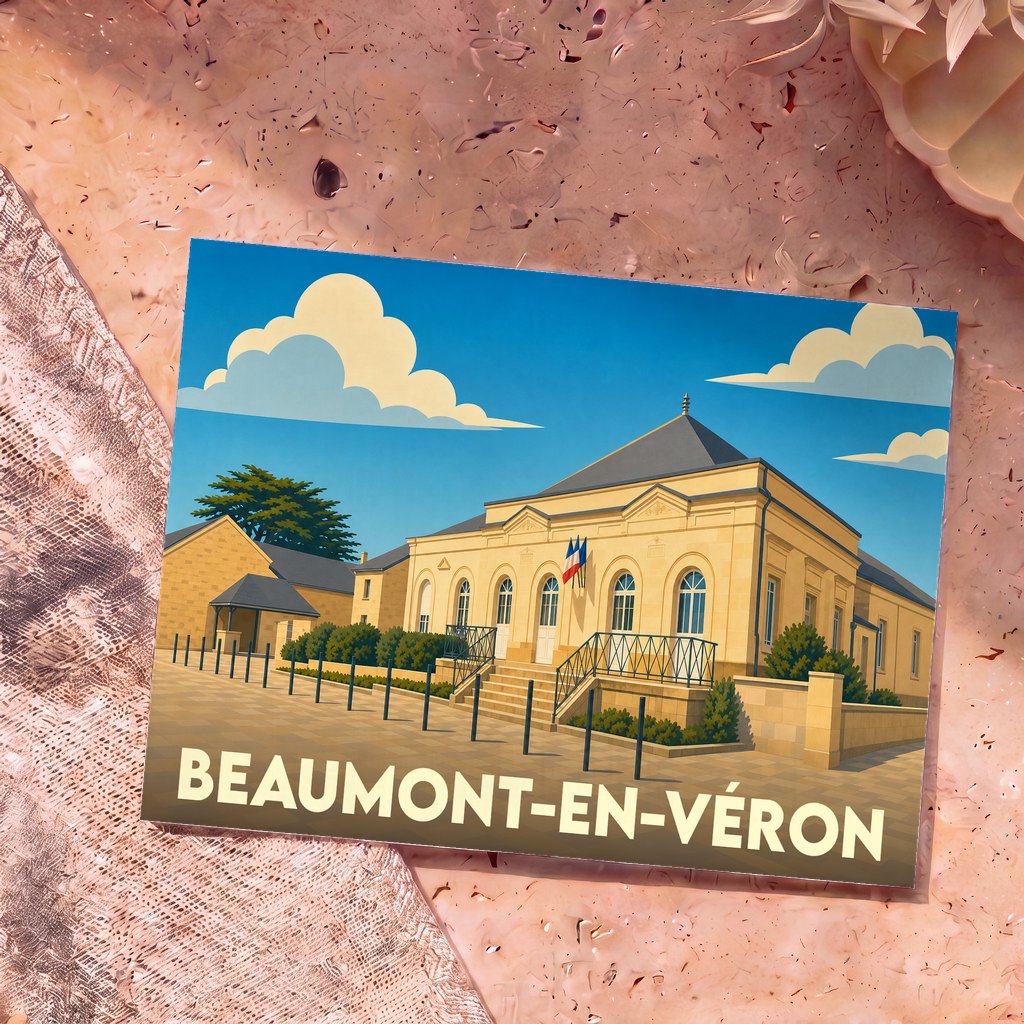 Carte postale souvenir de la ville de Beaumont-en-Véron avec une illustration stylisée de sa mairie.