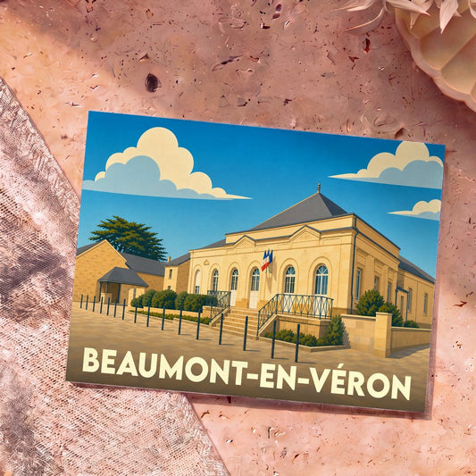 Carte postale souvenir de la ville de Beaumont-en-Véron avec une illustration stylisée de sa mairie.