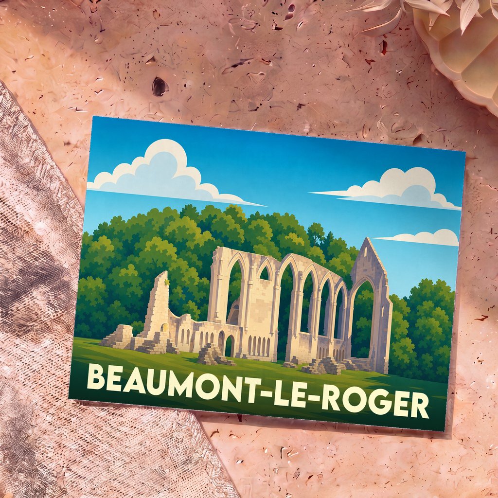 Carte postale souvenir de Beaumont-le-Roger illustrant les ruines stylisées de son prieuré.