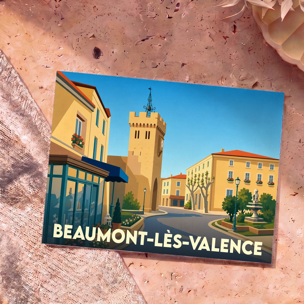 Carte postale souvenir de la ville de Beaumont-lès-Valence illustrant son centre historique dans un style graphique épuré.