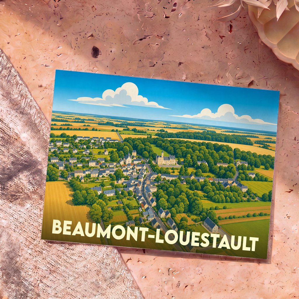 Carte postale souvenir de Beaumont-Louestault avec une illustration aérienne et stylisée de la commune.