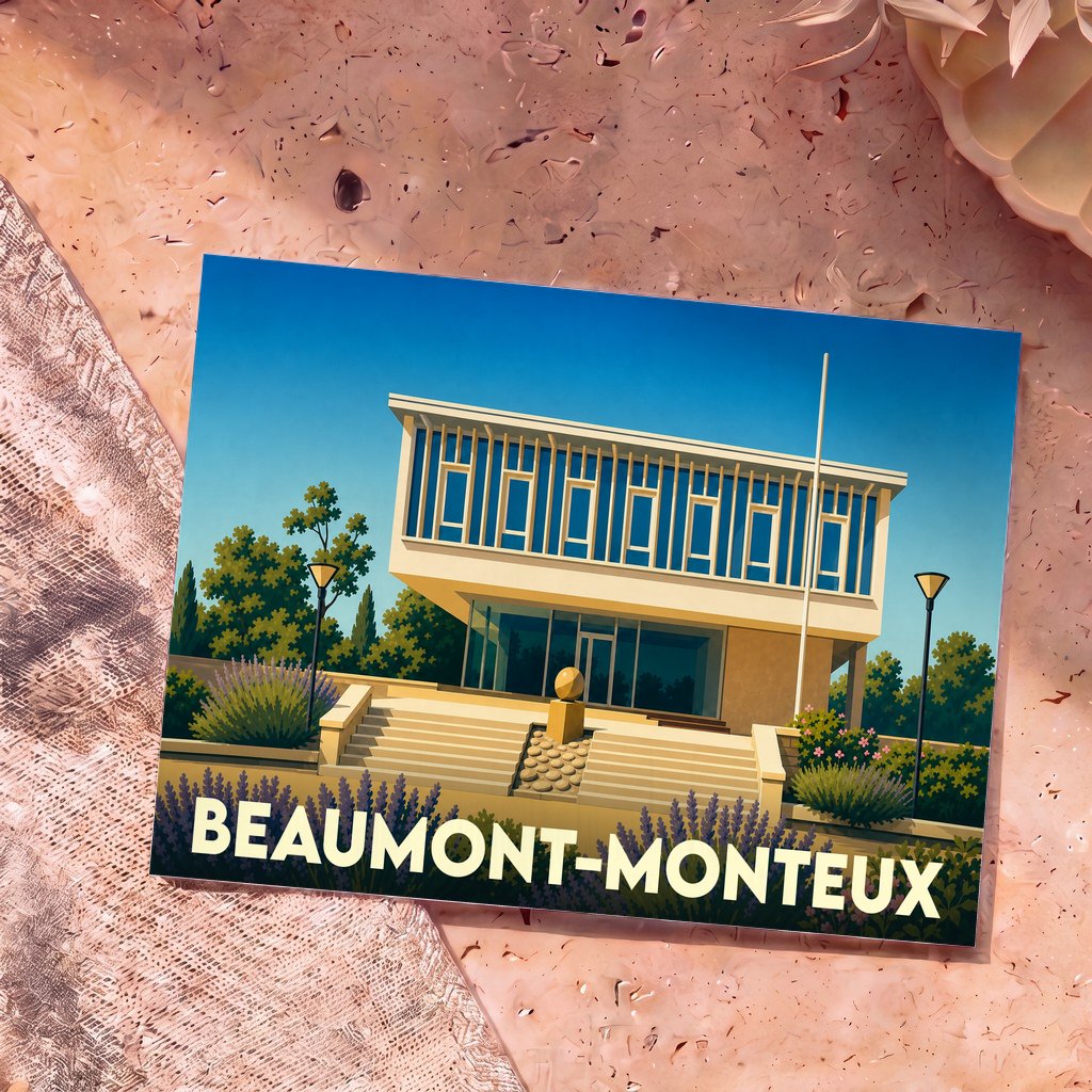 Carte postale souvenir de Beaumont-Monteux avec une illustration stylisée d'un bâtiment moderne entouré de lavande.