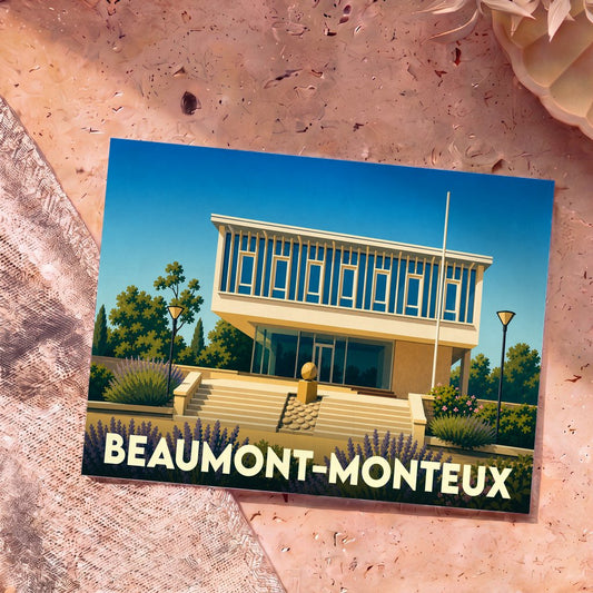 Carte postale souvenir de Beaumont-Monteux avec une illustration stylisée d'un bâtiment moderne entouré de lavande.