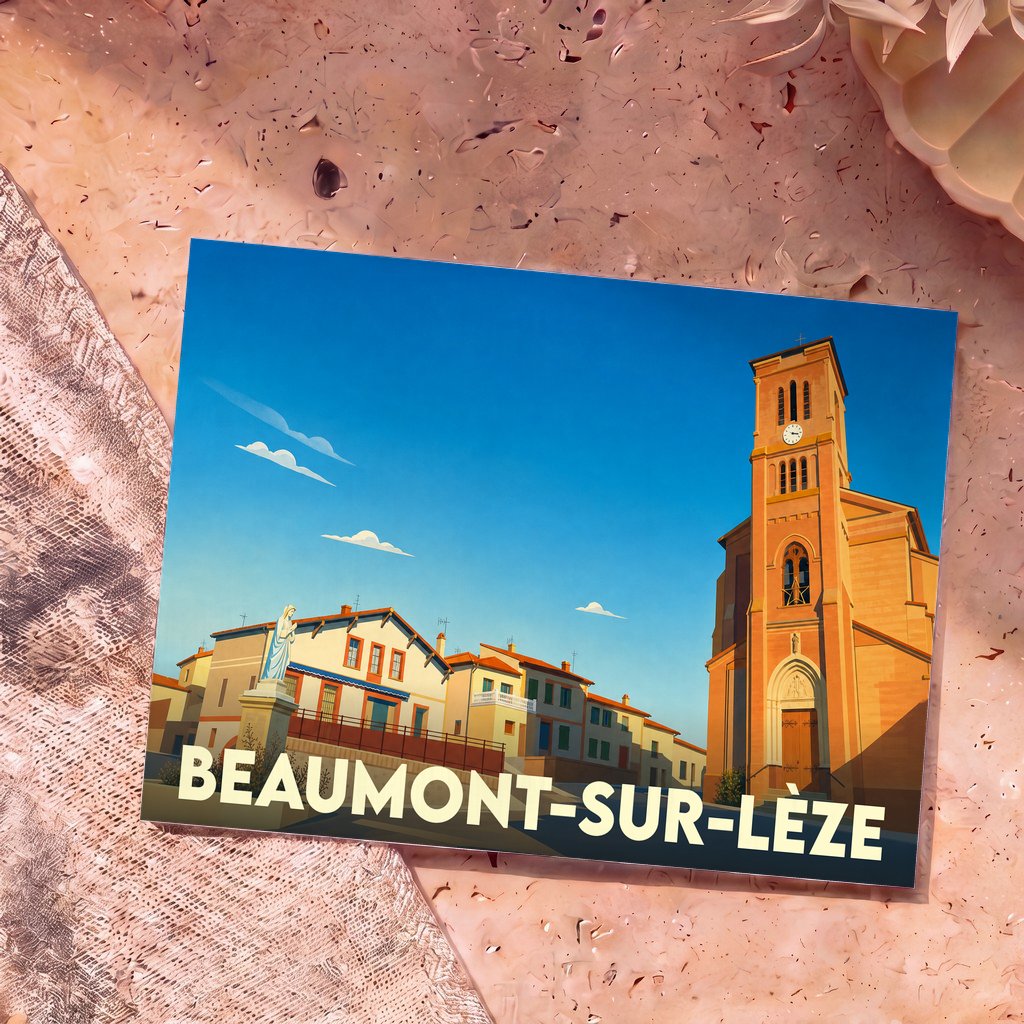 Carte postale souvenir de la ville de Beaumont-sur-Lèze avec une illustration stylisée de son église et de ses maisons.
