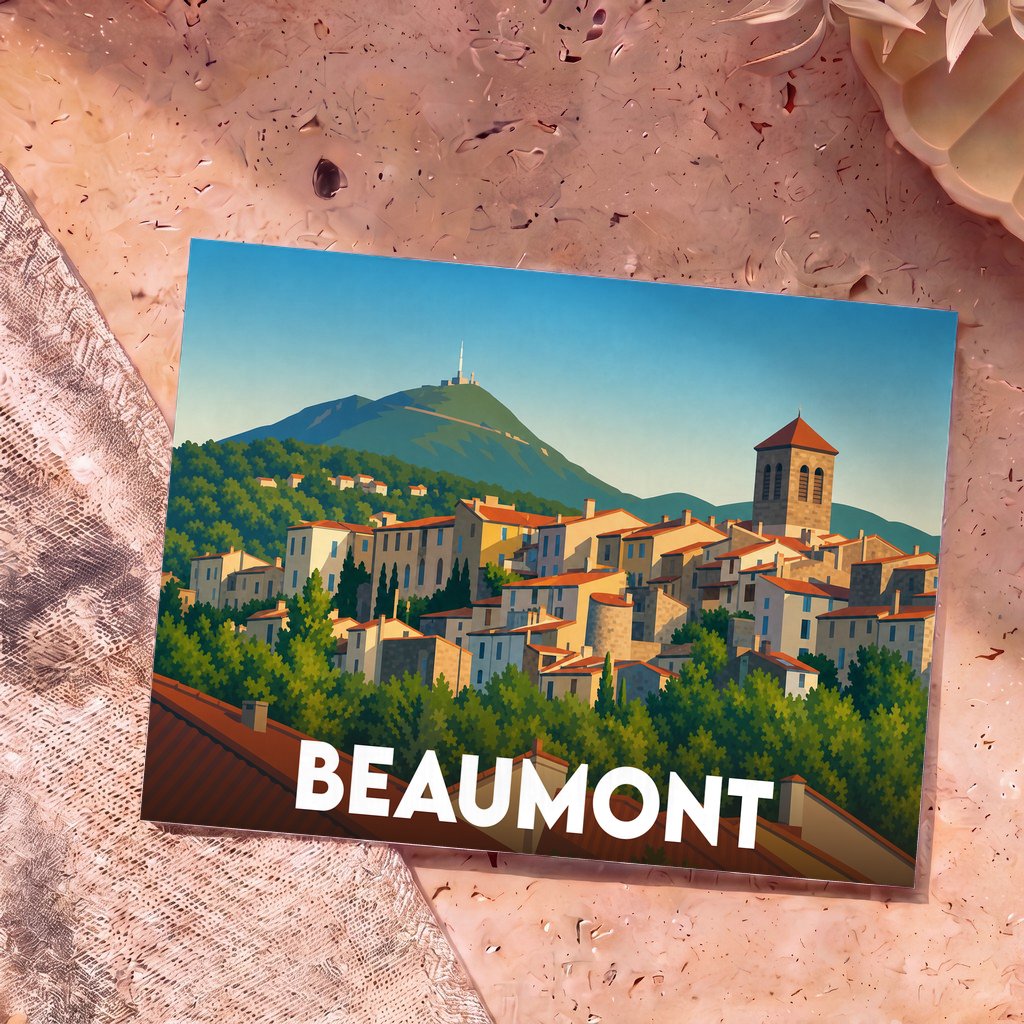 Carte postale souvenir de la ville de Beaumont avec une illustration stylisée de ses maisons colorées et du puy de Dôme.
