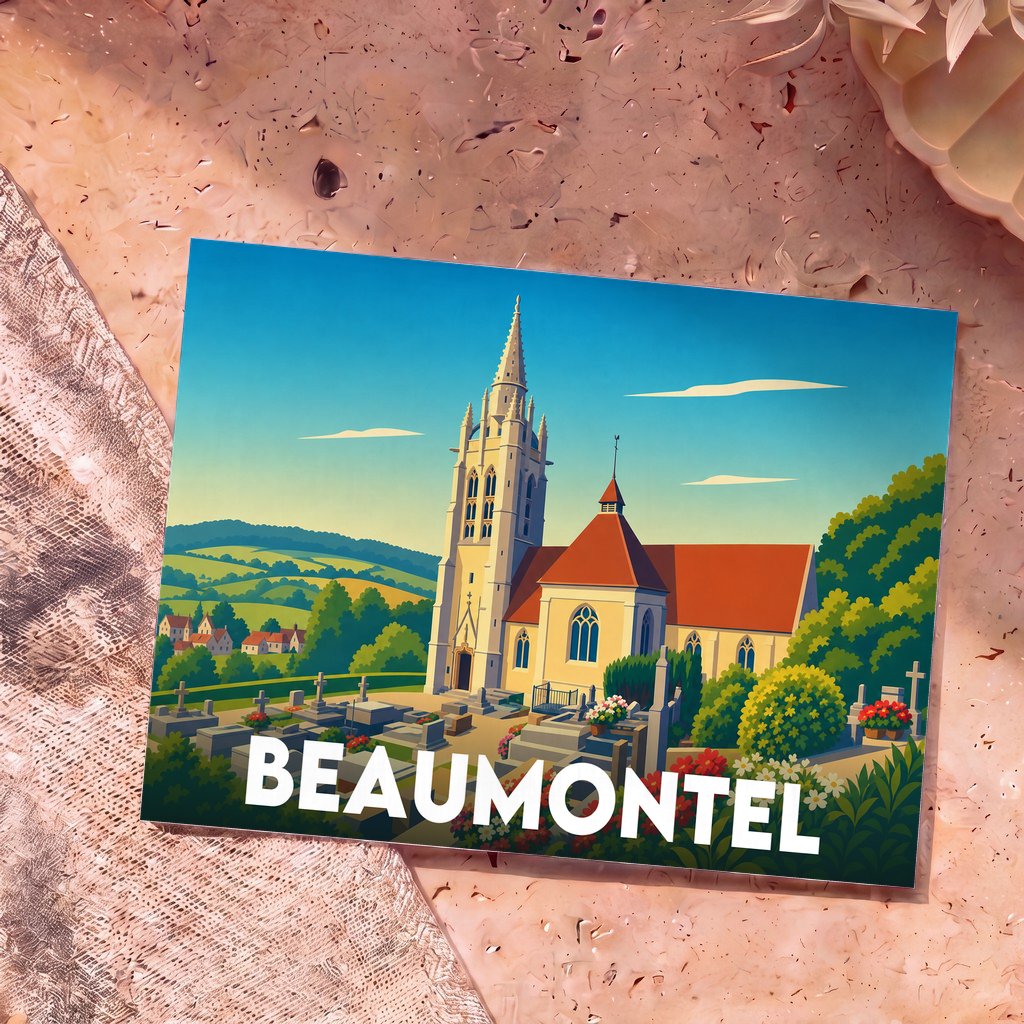 Carte postale souvenir de la ville de Beaumontel illustrant son église et son cimetière dans un style graphique coloré.