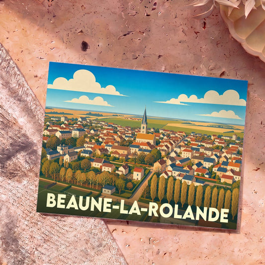 Carte postale souvenir de la ville de Beaune-la-Rolande avec une illustration stylisée vue du ciel.