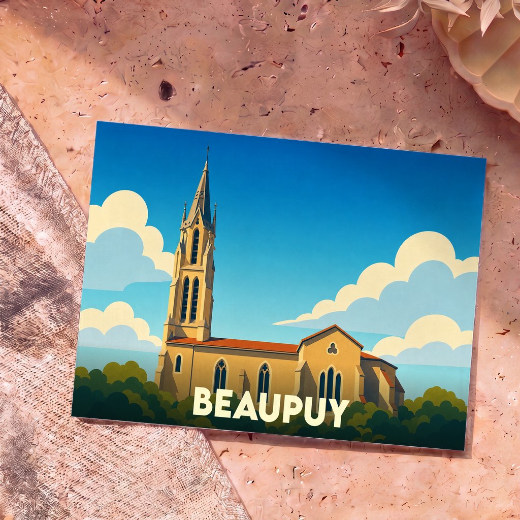 Carte postale souvenir de la ville de Beaupuy illustrant son église avec un style graphique épuré.