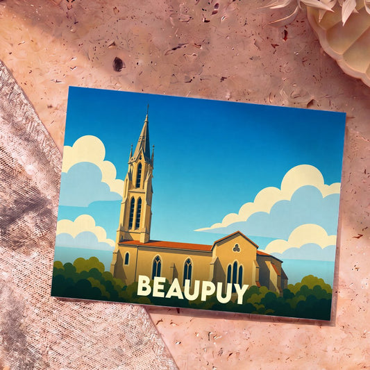 Carte postale souvenir de la ville de Beaupuy illustrant son église avec un style graphique épuré.