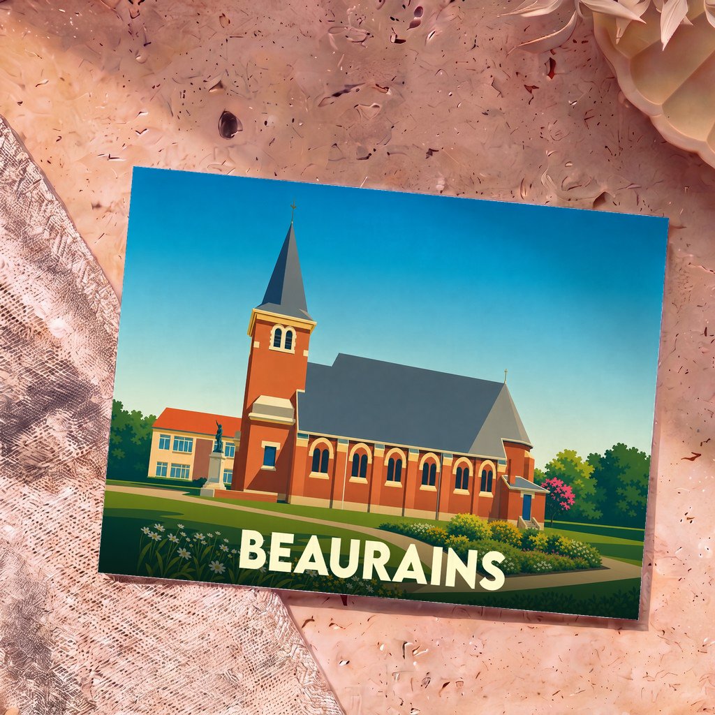 Carte postale souvenir de la ville de Beaurains avec une illustration stylisée de son église.
