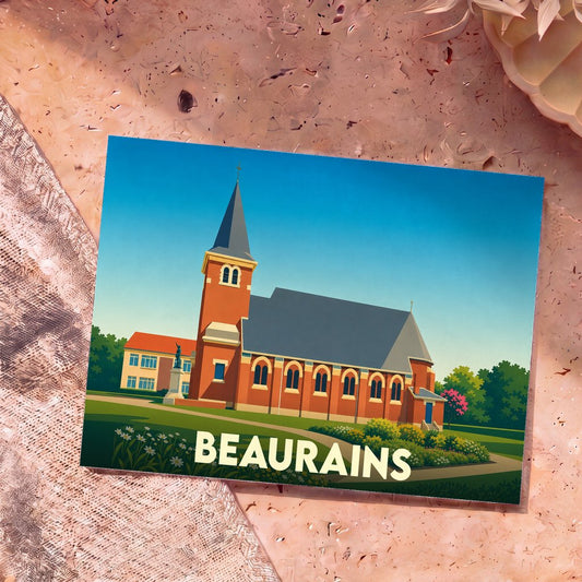 Carte postale souvenir de la ville de Beaurains avec une illustration stylisée de son église.