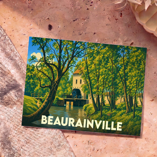 Carte postale souvenir de Beaurainville avec une illustration colorée et stylisée représentant son moulin à eau.