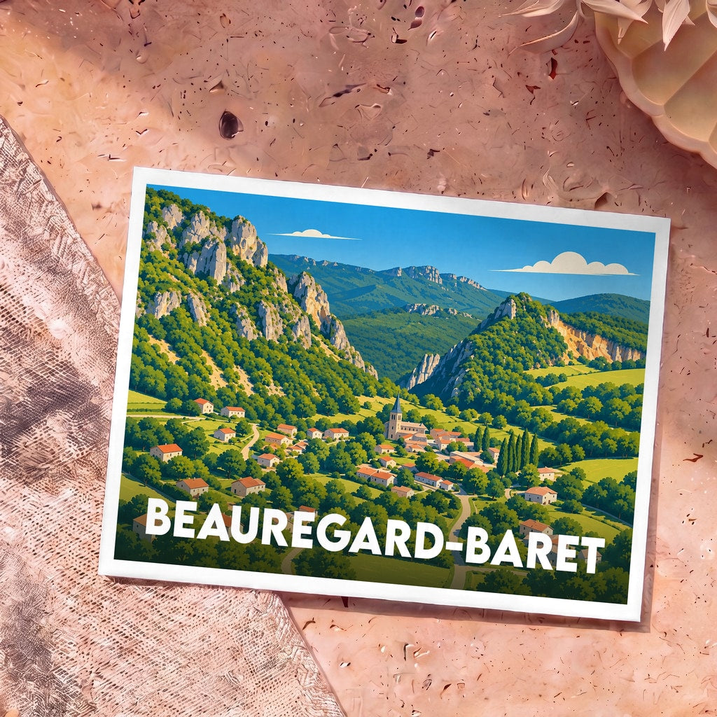 Carte postale souvenir de la ville de Beauregard-Baret avec une illustration stylisée d'un village niché dans une vallée montagneuse.