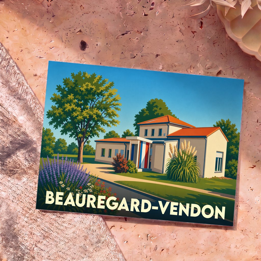 Carte postale souvenir de la ville de Beauregard-Vendon avec une illustration stylisée de la mairie.